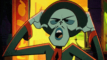 a cartoon character is making a funny face and covering his ears with his hands