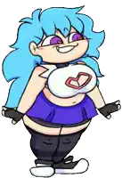 a cartoon girl with blue hair is wearing a crop top and a blue skirt .