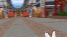 a blurred image of a person 's feet with a rabbit 's ears in the foreground