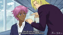 a pixel art of a man pointing at another man with the caption " hey do you squash "