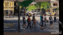 a painting of people walking down a street is made in animotica