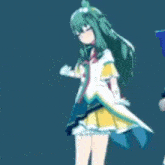 a cartoon girl with long green hair is standing next to a man in a blue and white dress .