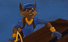 a cartoon cat is holding a sword in his hand and standing on a boat .