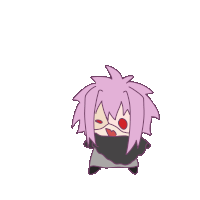 a drawing of a cartoon character with pink hair and red eyes