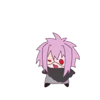 a drawing of a cartoon character with pink hair and red eyes
