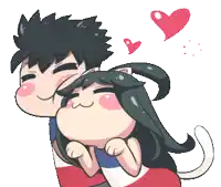 a cartoon of a boy hugging a girl with a heart behind them