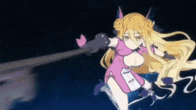 a girl with blonde hair and a pink dress is holding a sword in her hand .