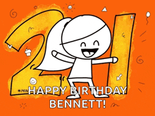 a black and white drawing of a girl with the words " happy birthday bennett " on the bottom