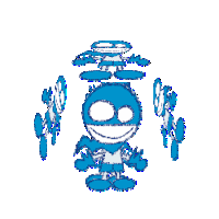a pixel art drawing of a blue cartoon character with a smile on his face