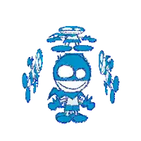 a pixel art drawing of a blue cartoon character with a smile on his face