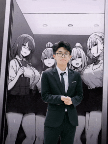 a man in a suit and tie stands in front of a group of anime girls in an elevator