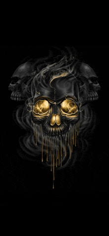 a black and gold skull with smoke dripping from it