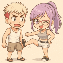 a cartoon drawing of a girl kicking a boy 's foot