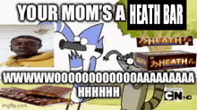 a cartoon character is holding a gun next to a box of heath bars .