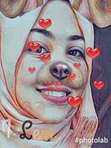 a woman wearing a hijab and a dog mask with hearts surrounding her face
