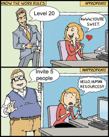 a cartoon shows a man talking to a woman who is talking on a phone
