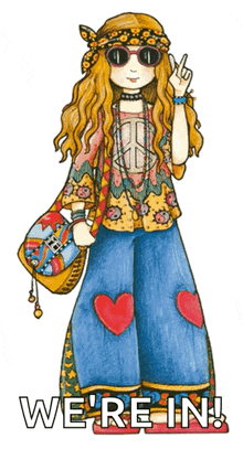 a drawing of a hippie girl with the words we 're in written below her