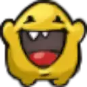 a yellow cartoon character is laughing with his mouth open and his eyes closed .