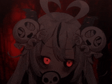 a girl with red eyes and a skull in her mouth