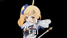 a girl in a knight 's outfit is holding a piece of paper that says fbi