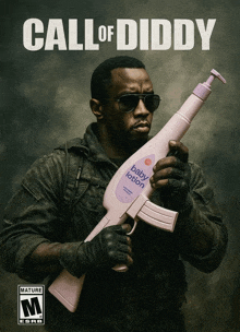 a call of diddy poster with a man holding a pink baby lotion gun