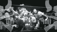 a group of wrestlers are posing for a picture in a ring .