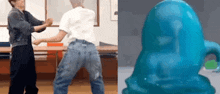 a couple of men are dancing next to a blue object .