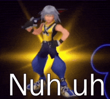 a video game character is standing in front of a yellow light and says nuhuh