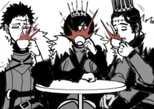 a black and white drawing of three people sitting at a table drinking from cups .