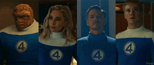 a group of people wearing blue sweaters with the number four on them