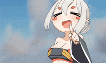 a cartoon drawing of a girl with white hair and red spots on her face