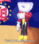 a cartoon character is standing on a stage and says " thank you thank you "
