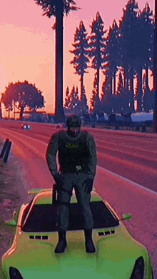 a police officer stands on top of a yellow car in a video game
