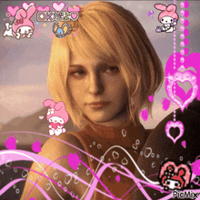 a girl with blonde hair is surrounded by pink hearts and says ok on top