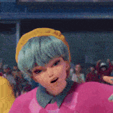 a girl with blue hair is wearing a pink sweater and yellow hat