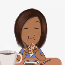 a cartoon of a woman sitting at a table eating pizza and drinking coffee