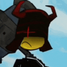 a cartoon character with red horns and a cross on his face