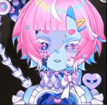 a cartoon character with pink hair and blue skin has a heart on her chest .