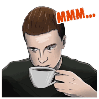 a cartoon of a man drinking a cup of coffee with the words " mmmm " above his head