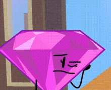 a pink diamond with a face and hands is standing in front of a window .