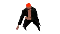 a man without a shirt is wearing a black jacket and red hat