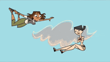 a cartoon of a man and a woman flying in the sky