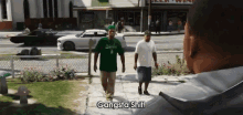 two men walking down a sidewalk with the words gangsta shit written on the ground
