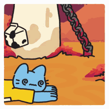 a cartoon drawing of a cat laying on the ground with the letter e on its face