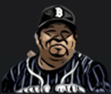 a cartoon drawing of a man wearing a baseball cap with a letter b on it .