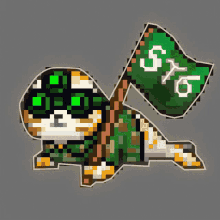a pixel art drawing of a cat holding a green flag with the letters sx on it