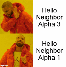 a man in an orange jacket says hello neighbor alpha 3 on a yellow background