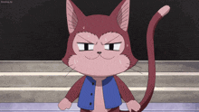 a cartoon cat with a long tail and a blue vest