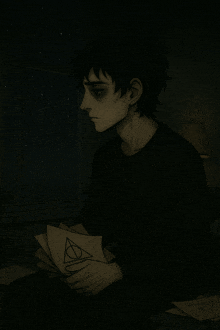 a dark drawing of a man holding a piece of paper with a triangle on it