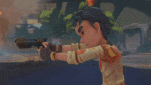 a cartoon character is holding a gun and smiling